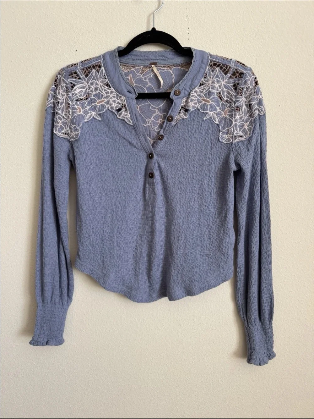 Free People Blue Embroidered Floral Henley Long Sleeve Top XS